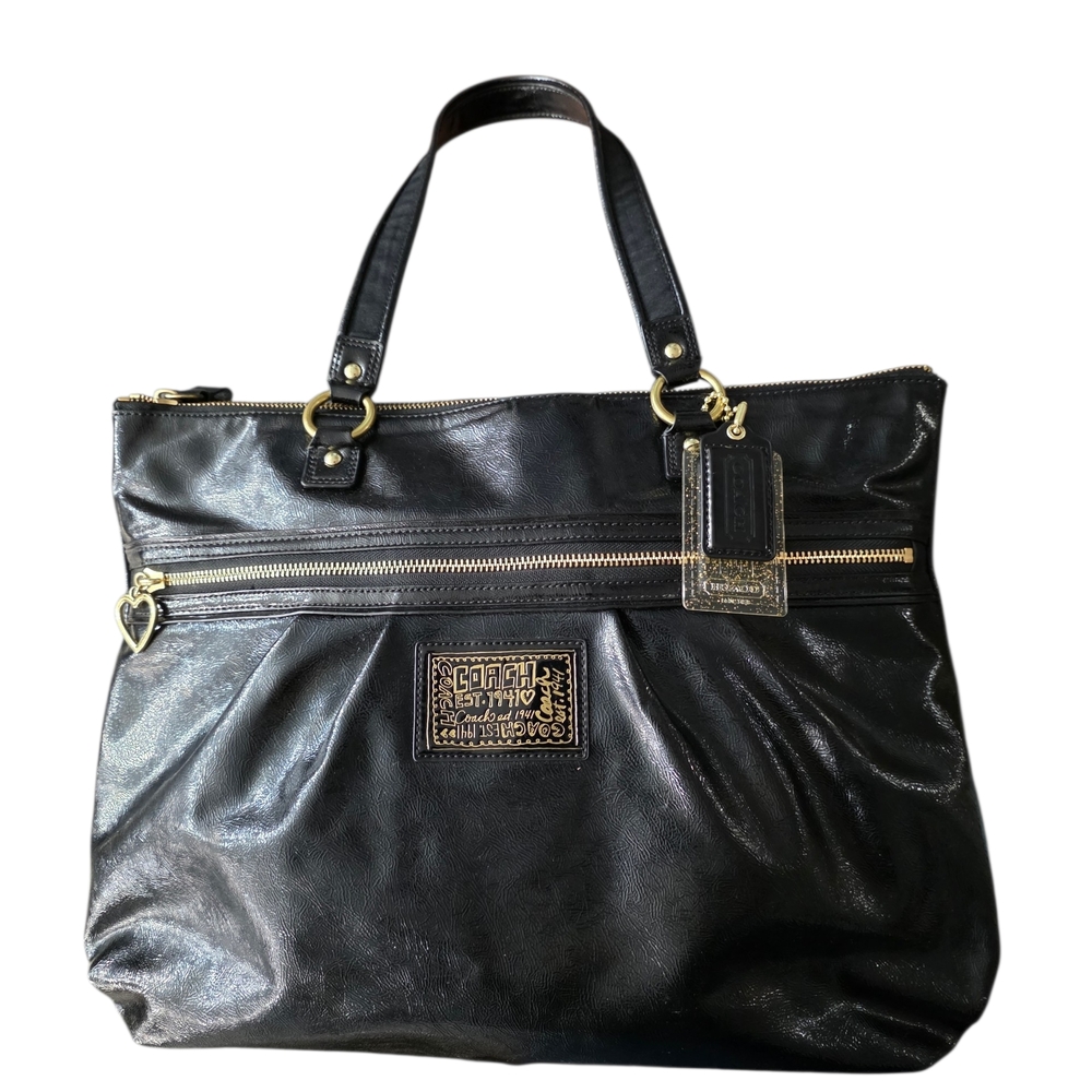 Black Leather Tote Bag with Gold Accents
